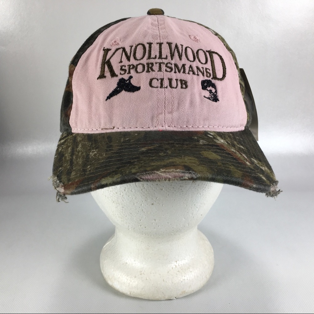 Mossy Oak Knollwood Sportsman Club Pink Camo Distressed Strapback Hat NWT
